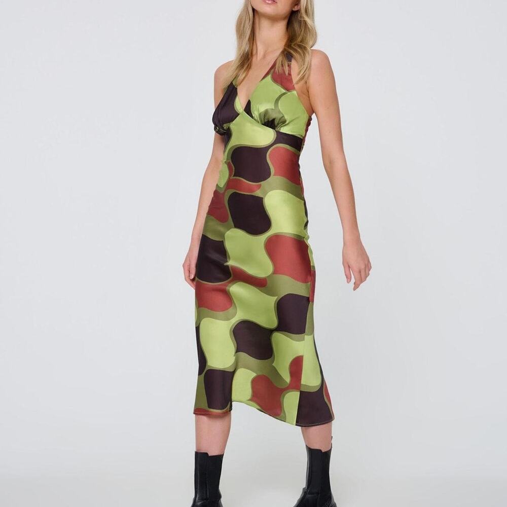 NWT Another Girl Satin Circle Trim Halter Midi Slip Dress Green/Brown Women's 6